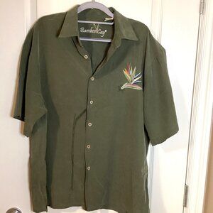 Bamboo Cay Mens Green Embroidery‎ Button Down Short Sleeve Shirt Size L Tropical